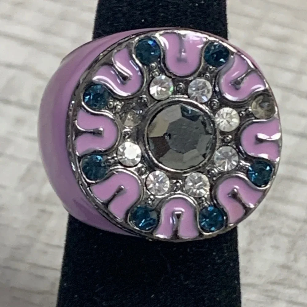 Vintage Purple Enamel Statement Ring Blue Clear Rhinestone Cocktail Dome Sz 5.5